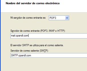 Página de los nombres de servidores de correo electrónico del Asistente para la conexión a Internet